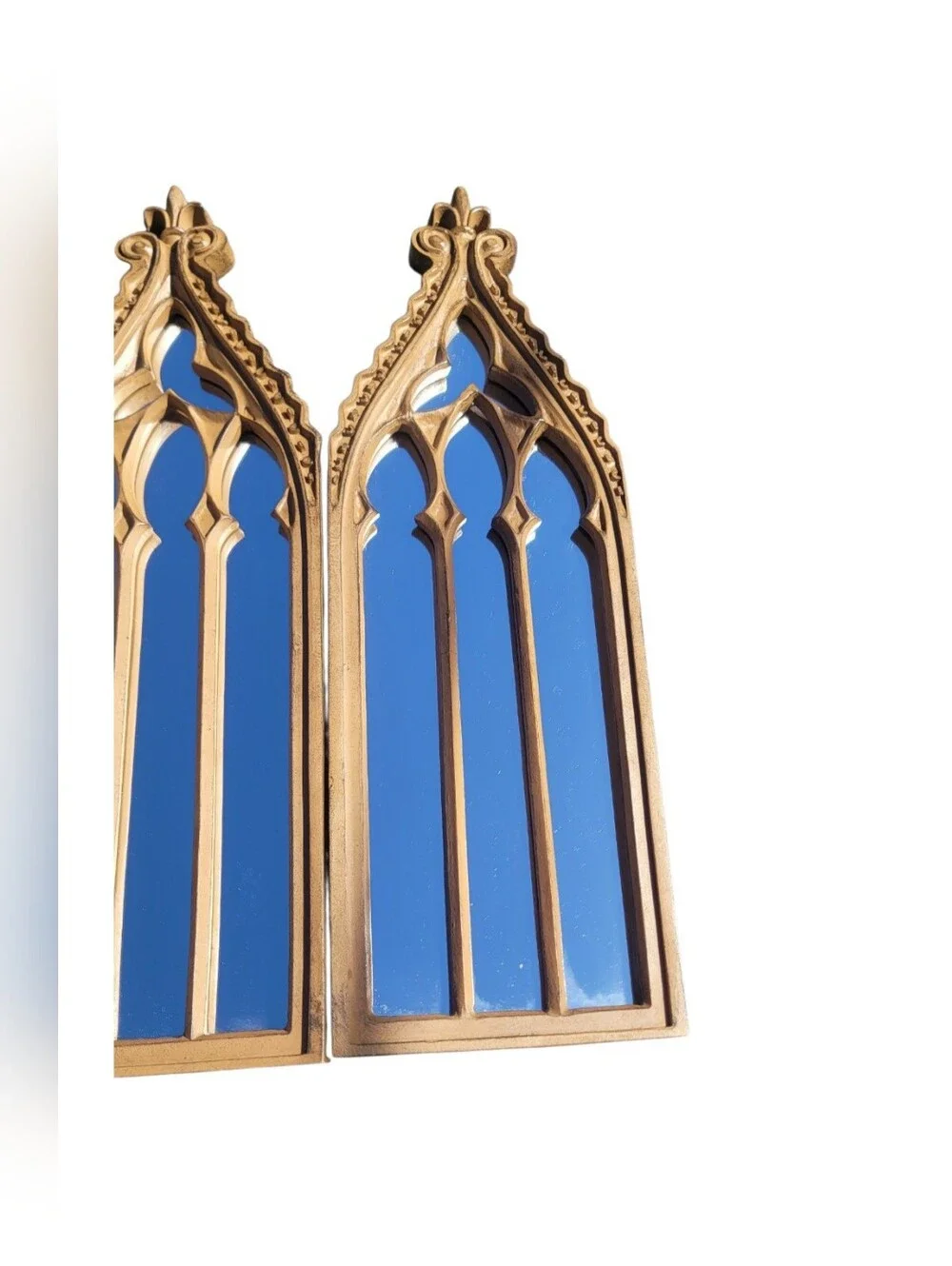 Wooden Gothic Arch Four-Panel Decor Mirror - Brown Cathedral Folding
